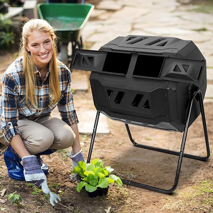 SUPER DEAL Outdoor Compost Tumbler 43 Gallon Dual Chamber BPA Free Large Compost Bin 360° Rotating Tumbling Composter for Garden Yard Black