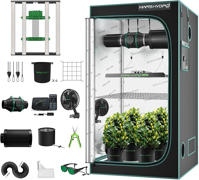 Mars Hydro 3x3 Smart Grow Tent Kit Complete System with WiFi-Integrated Controller 43FC-E3000 APP Control Dimmable 1184Pcs Grow Light1680D High Reflective Mylar4inch Automatic Ventilation System