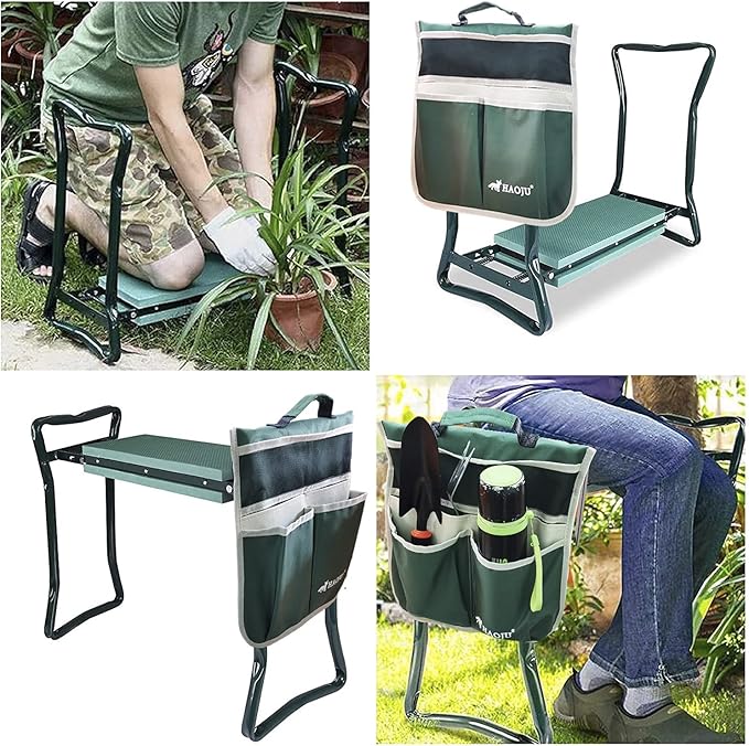 Garden Kneeler and Seat with Large Tote Tool Pouch and Gardening GlovesHeavy Duty Folding Garden Stool with Soft EVA Foam Pad for Sitting and KneelingGardening Gifts for Women Man Gardeners