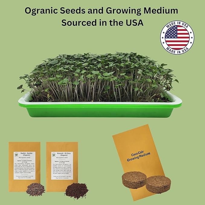 Complete Home Microgreens Kit - Organic Indoor Garden System - Includes 2 Sets of Reusable Trays Premium Spray Mister Coco Coir Growing Medium 2 Packs Organic Seeds – Radish and Broccoli