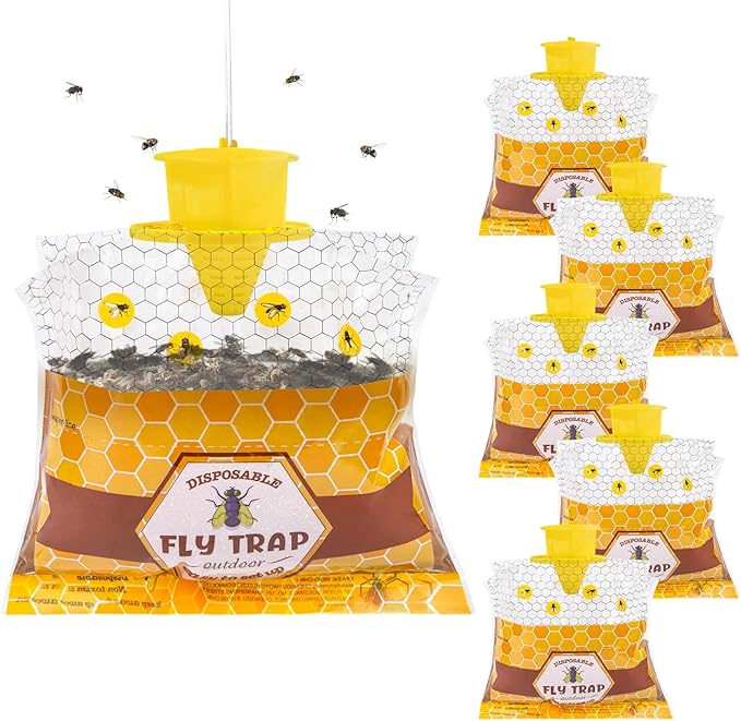 Fly Traps Outdoor Fly Trap Hanging 6 Natural Pre-Baited Fly Bags Outdoor Disposable Fly Hunter Catchers Control Killer Repellent Outdoors Stable Horse Farm Barn Ranch Fly Trap for Mosquito Bug