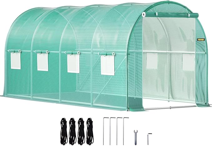 Walk-in Tunnel Greenhouse 14.8 x 6.6 x 6.6 ft Portable Plant Hot House w/ Galvanized Steel Hoops 1 Top Beam Diagonal Poles Zippered Door &amp 8 Roll-up Windows Green