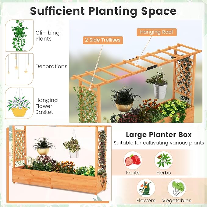 S AFSTAR 45-Inch Raised Garden Bed with Arch Trellis Hanging Roof Planter Box Drainage Holes Vertical Plant Container for Vine Climbing Plant Flower Flower Bed Wood Planter for Indoor &amp Outdo
