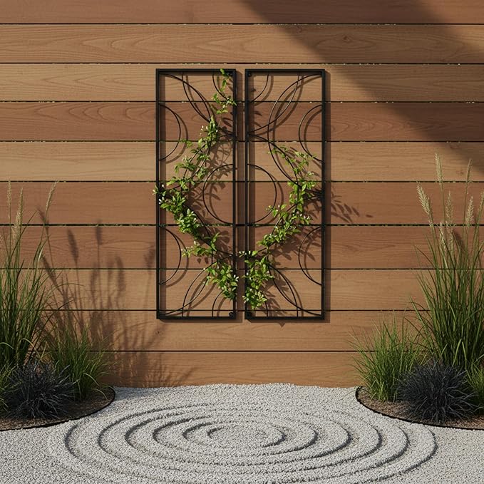 Corona Wrought Iron Trellis Set of 2 Modular Wall-Mounted Garden Trellises 28 W x 42 H Concentric Circle Design Black Powder Coated