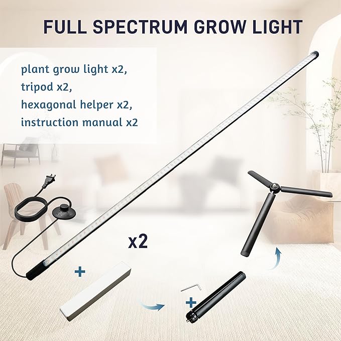 2PCS T8 Standing Grow Light 42W Full Spectrum LED Grow Light for Indoor Plants Plant Lamp with 243 LEDs Wide Illumination Area 4FT Height with On/Off Switch and Tripod Floor Stand