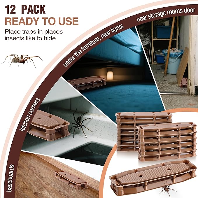 Spider Traps Indoor 12 Pack Extra Sticky Brown Recluse Traps Spiders Killer for Black Widows Sac Wolf and Other Crawling Bugs Inside Your Home