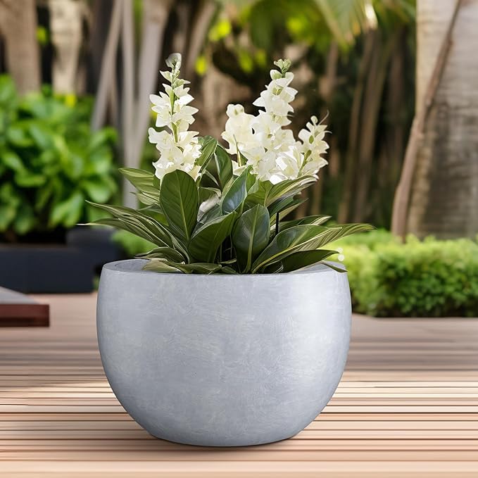 Kante 19.9 Dia Lightweight Concrete Outdoor Round Bowl Planter Outdoor/Indoor Large Planters Pots with Drainage Hole for Garden Patio Balcony Deck Living Room Slate Gray