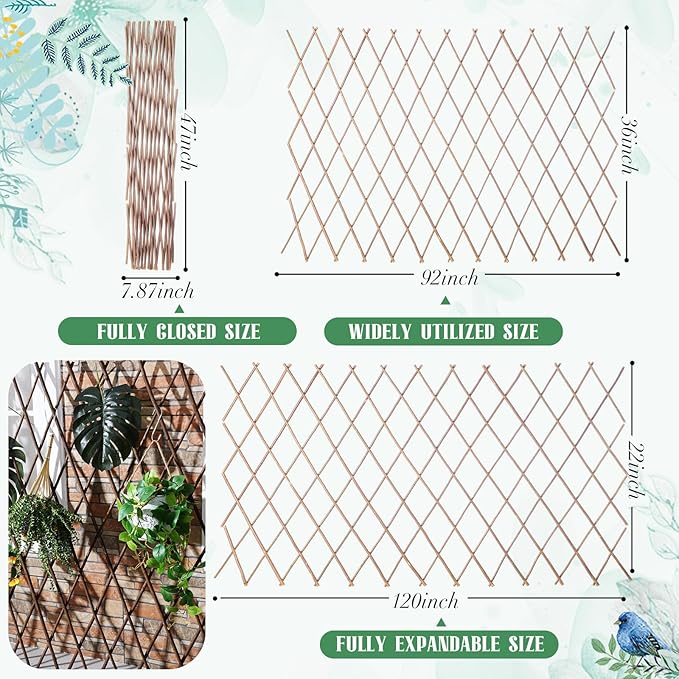 2 Pack Expandable Willow Trellis Lattice Fence Willow Fence Panel for Climbing Plants Garden Lattice Trellis Plant Support Open Screen Fencing Outdoor Decorative Wood
