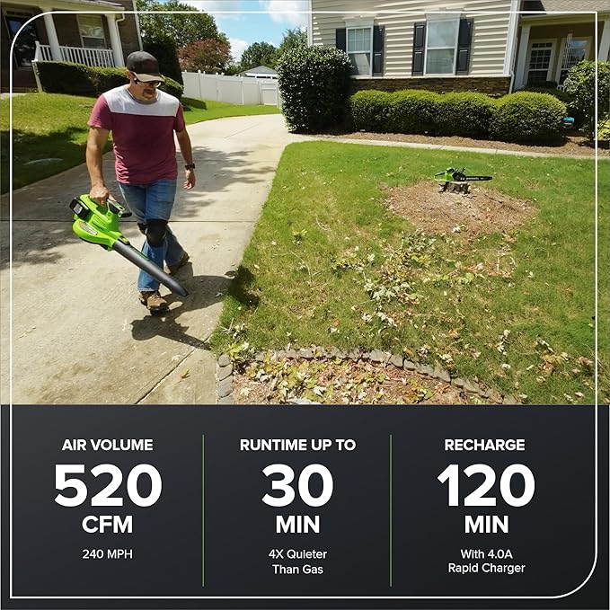 Greenworks 48V (24V x 2) Cordless Brushless Leaf Blower/Vacuum (520 CFM / 240 MPH) with Bag Powerful &amp Efficient for Yard Debris Cleanup Includes (2) 4.0Ah Battery &amp Dual Port Charger