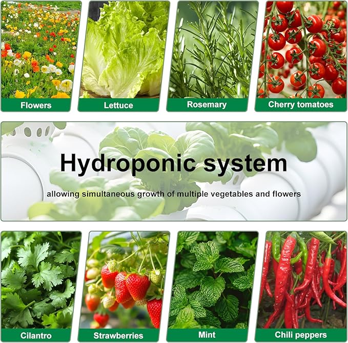 Hydroponic Grow System 10 Tiers 50 Holes Mobile Hydroponic Growing Kit with Water Pump &amp Timer Indoor Outdoor Vertical Garden Kit for Leafy Vegetables Strawberries on Balcony Home Office Whi