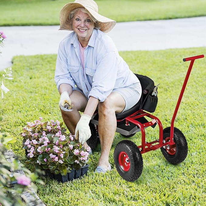 Garden Cart on Wheels 360° Swivel Rolling Outdoor Workseat with Washable Cushion &amp Dual Handles Height Adjustable Garden Stool for Patio Yard (Red)
