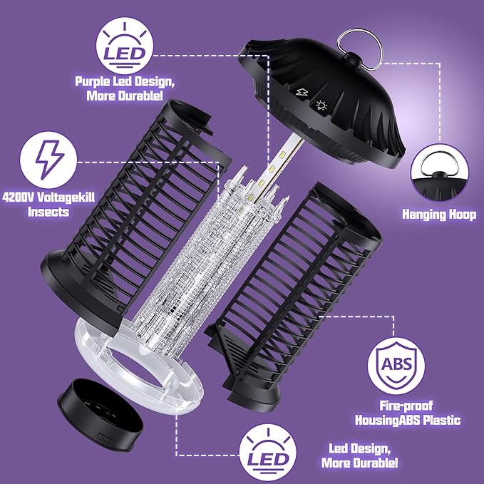 Bug Zapper Indoor &amp Outdoor Water Proof Mosquito Zapper with LED Light 4200V Electric Bug Zapper for Home Patio Office Courtyard (Black)