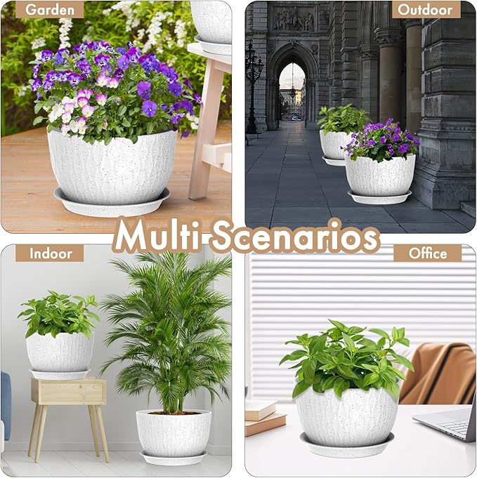 12 Inch Wide Water Ripples Flower Pots for Indoor or Outdoor Plants Large Plant Pots with Drainage Holes &amp Saucer Plastic Planters Set for Garden &amp Home Decor (White with Black Speckles)