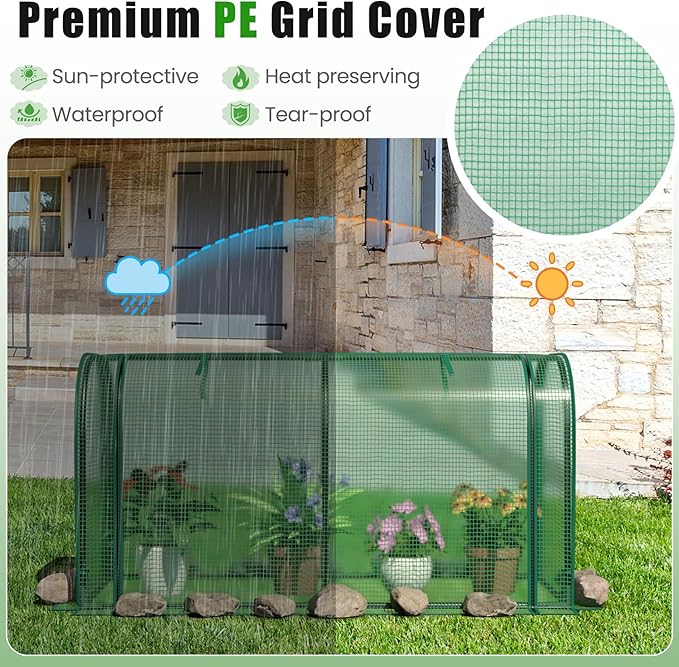 Giantex Raised Garden Bed with Cover Wood Elevated Planter Box with Legs &amp Mini Greenhouse Waterproof Sun-Protective PE Green House Cover Outdoor Use for Fruit Vegetable Flower Herb (Green+Gray
