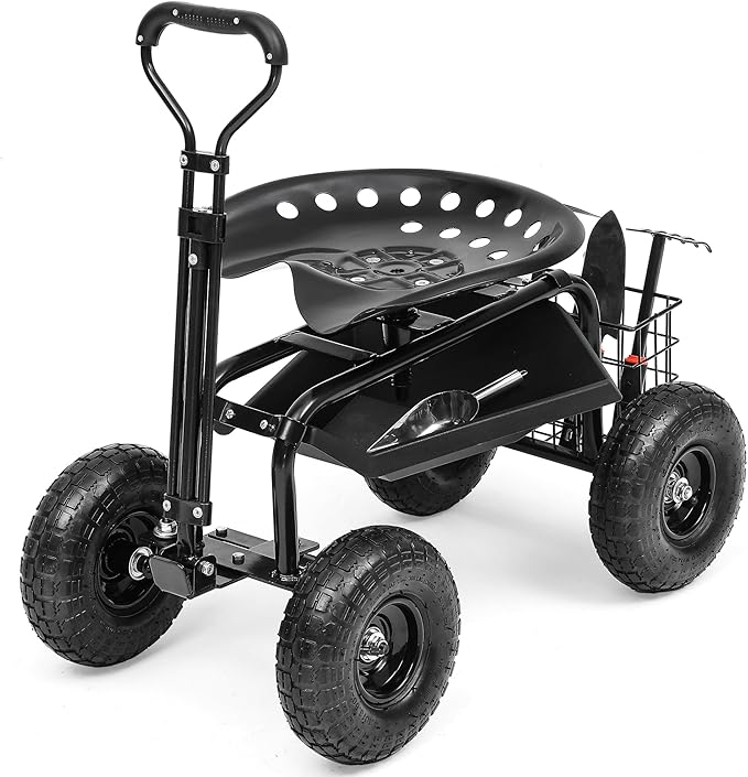 Rolling Garden Cart with 360° Swivel Work Seat Adjustable Height 10 Pneumatic Tires Tool Tray &amp Storage Basket Extendable Handle Reduces Back &amp Spine Strain
