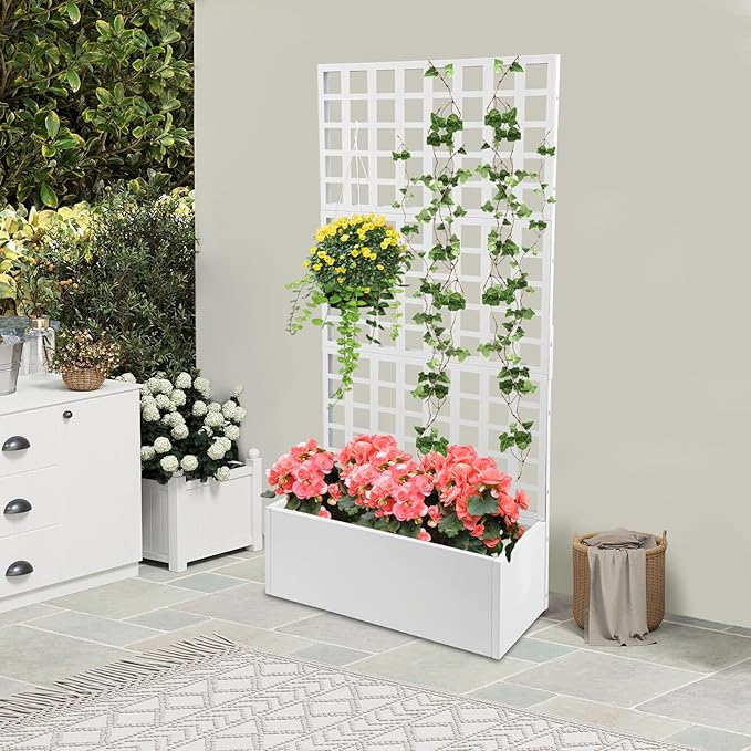Metal Planter with Trellis 110lbs Load Capacity Free Standing Climbing Plant Support 12 Inch Deep Raised Garden Bed with Privacy Screen for Balcony Patio Garden Indoor &amp Outdoor Use(White)