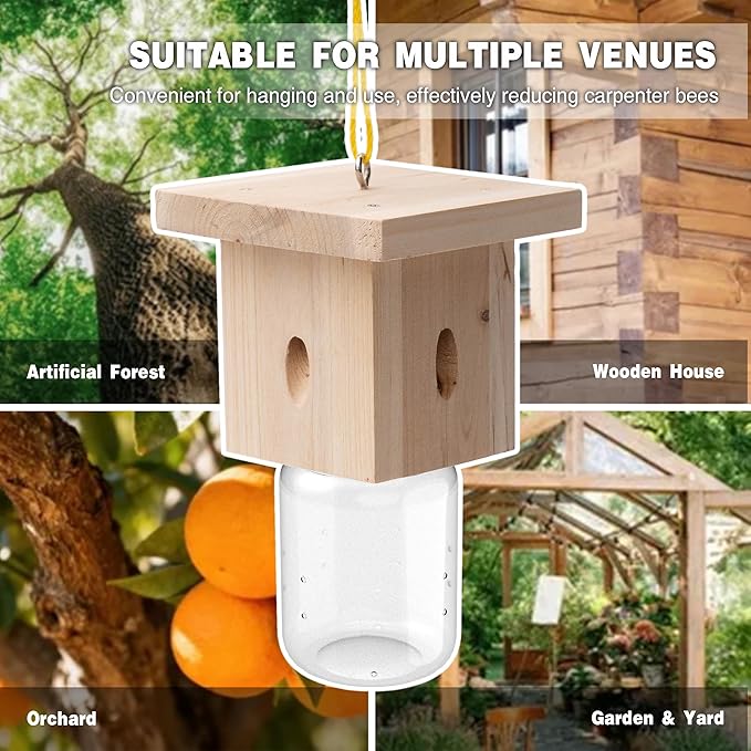 4 PCS Wood Carpenter Bee Trap for Outside - Best Bee Trap - Nature Hanging Carpenter Bee Traps Plastic Jar Outdoor - Insect Traps