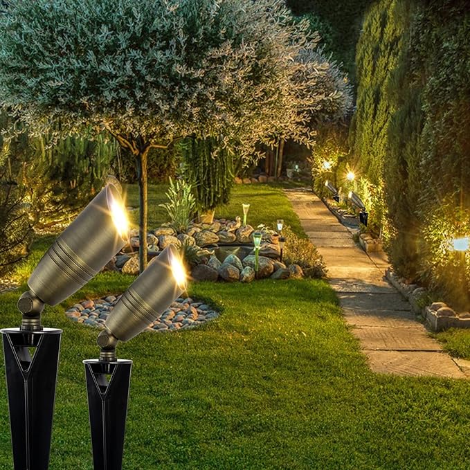 12V Waterproof Solid Brass Landscape Spotlights - 6 Pack Low Voltage Outdoor Lights with Ground Spike for Garden Yard Patio Walkway Driveway and Porch