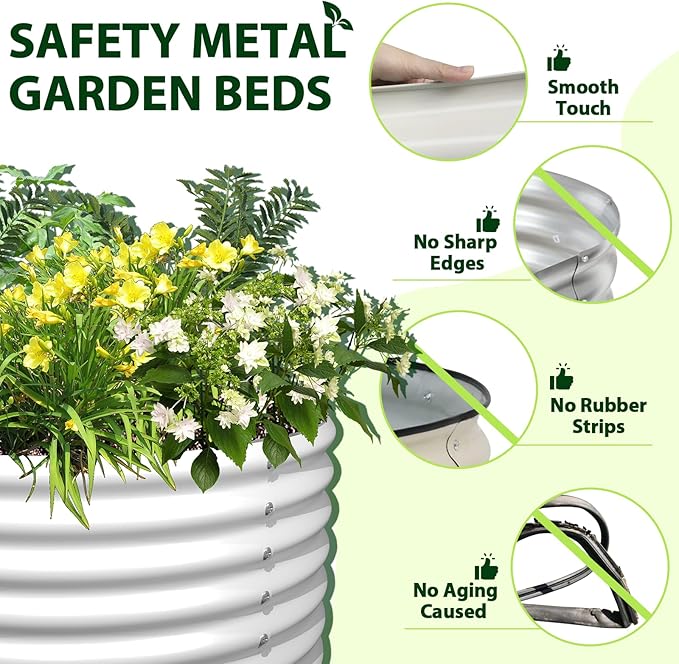 A ANLEOLIFE 6X2X1.5 ft Galvanized Raised Garden Beds Outdoor Oval Round Metal Planter Box for Planting Vegetables Flowers Herb Anti-Rust &amp Easy-Setup Antique White