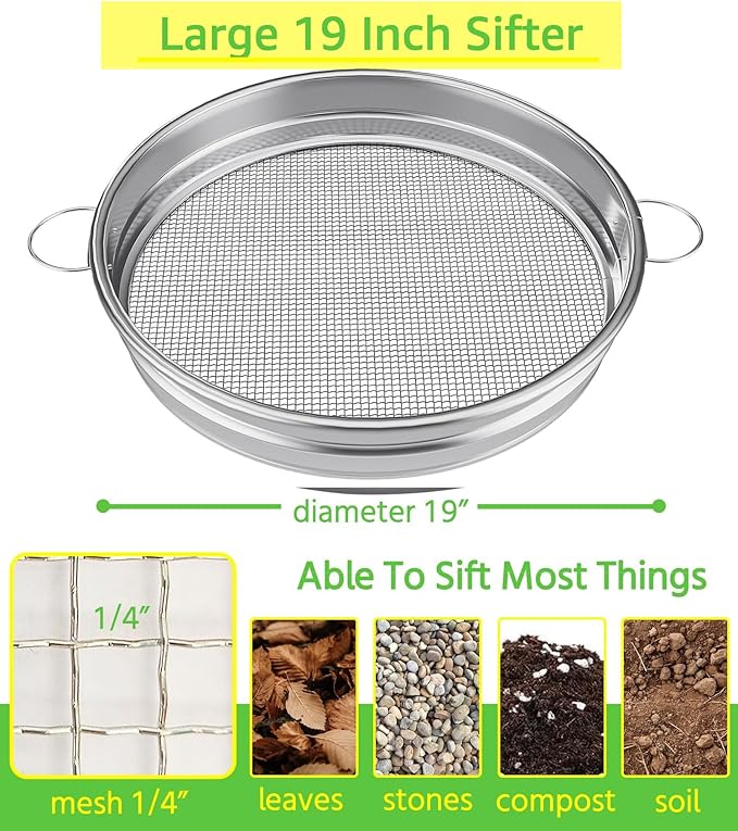 19“ Large Soil Sifter with Handle for Gardening Dirt Sifter Compost Sifter Rock Sand Sifter Wheelbarrow Sifter Garden Soil Sieve Metal Gravel Pellet Worm Sifter Heavy Duty Bin Outdoor
