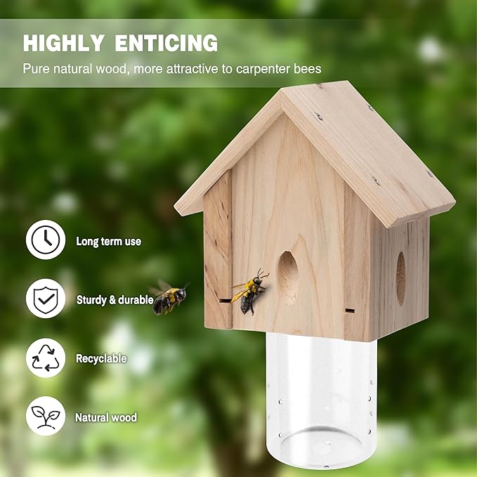 Professional Carpenter Bee Trap for Outside - Cabin Style Nature Hanging Wood Trap for Outdoor with Removable Bee Vault (2 Pack)