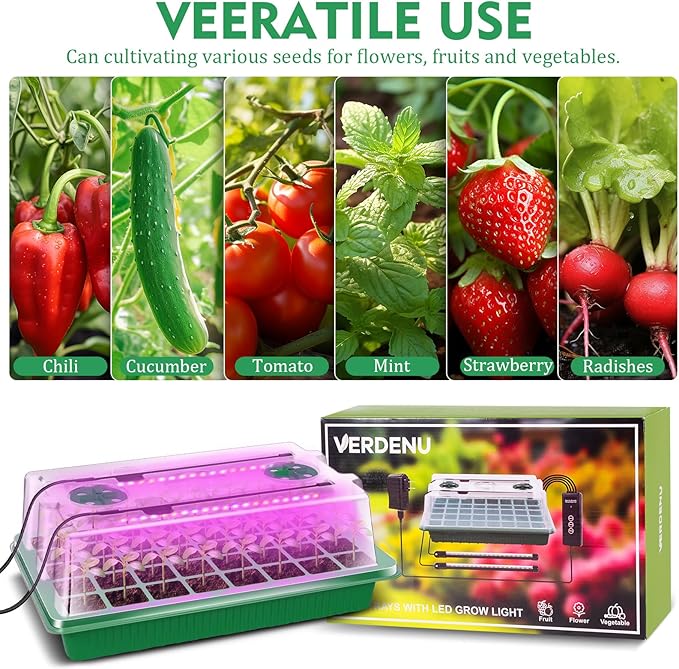 Verdenu Seed Starter Tray with Grow Light 2 Pack 80 Cells Seed Starter Kit with Humidity Dome Adjustable Brightness Seed Tray with Smart Timer 3 Modes 4 Timing Germination Kit for Indoor