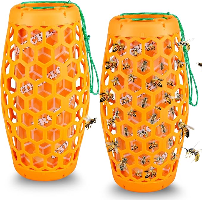 Wasp Trap Bee Catcher - Outdoor Hanging Carpenter Bee Traps with 4 Sticky Boards 2 Pack (Orange)