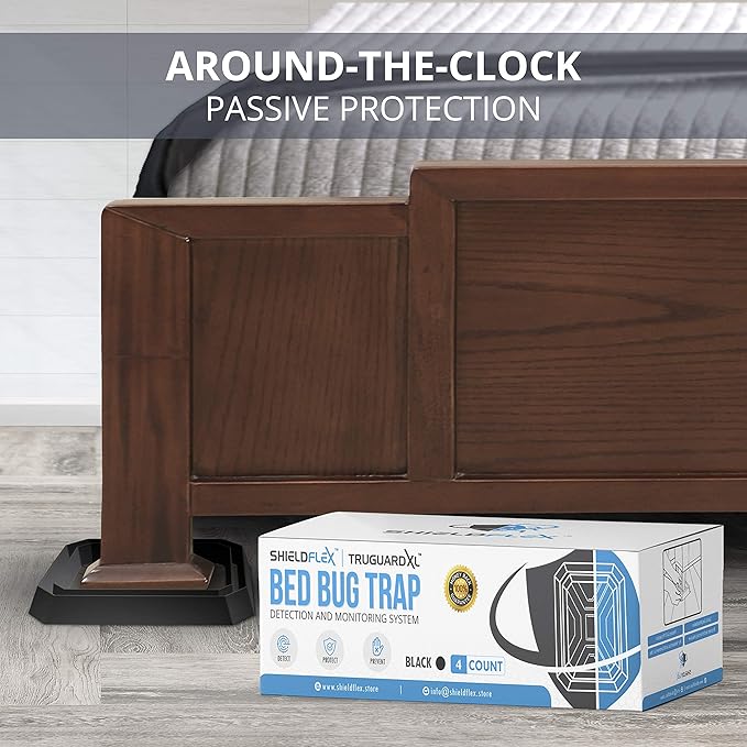 Bed Bug Trap — 4 Pack | TruGuard XL Bed Bug Interceptors (Black) | Extra Large Bed Bug Traps for Bed Legs | Reliable Insect Detector Interceptor and Monitor for Pest Control and Treatment