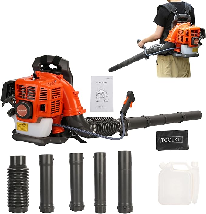 63CC Backpack Leaf Blower Gas Powered 3HP 2-Stroke Engine 665CFM High Velocity Air Cooling System Adjustable Backpack Blowers Gas for Lawn Garden Yard Snow Gutter Cleaning (Flame Red)