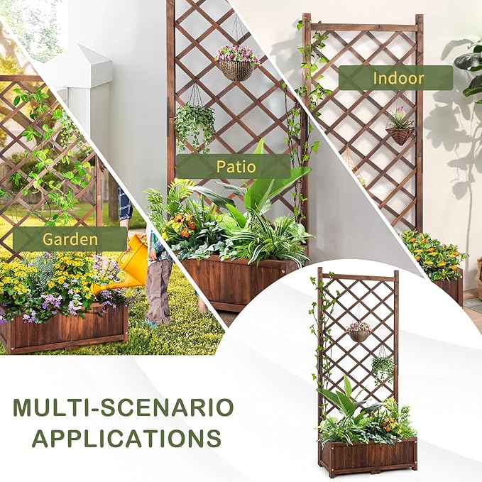 Brown Wood Planter Raised Garden Bed with Trellis 67H Outdoor Garden Flower Standing Planter Box Lattice Panels with Planter for Patio Porch Outdoor Wood Planter Box &amp Plant Stand Planter Conta
