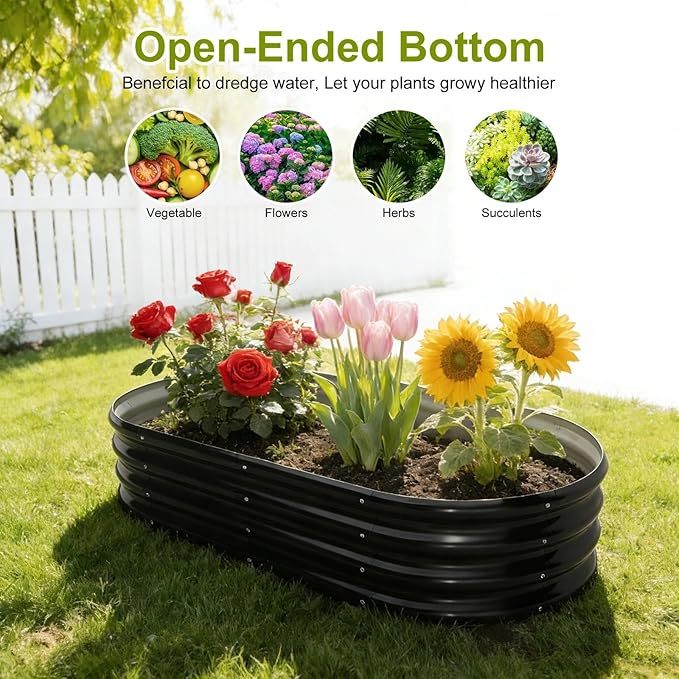 LIALEX 2 Sets Black Raised Garden Bed Outdoor Oval Large Coating Metal Planter Box with No Heavy Metal for Vegetables Flowers Herbs