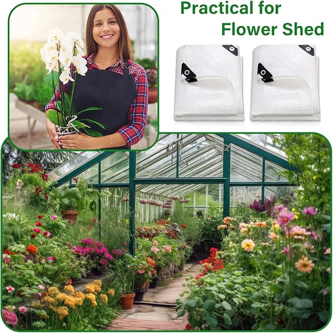 Berlune 3 Pack Clear Greenhouse Heavy Duty Tarp 8 x 10 ft Clear Waterproof Cover 14 Mil Plastic Mesh Cover UV Resistant Poly Tarp with Grommets for Gardening Farming Nursery Outdoor Event