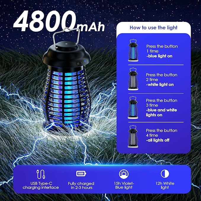 Bug Zapper Outdoor &amp IndoorCordless Portable Mosquito Zapper with Rechargeable 4800mAh Battery &amp Camping LightMosquito Repellent Outdoor PatioElectric Fly Trap for PatioKitchenBackyard an