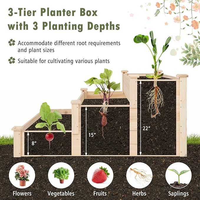 3-Tier Raised Garden Beds Outdoor Fir Wood Raised Garden Bed Planter Box Flower Bed Wooden Planter Kit for Gardening Vegetable &amp Herb