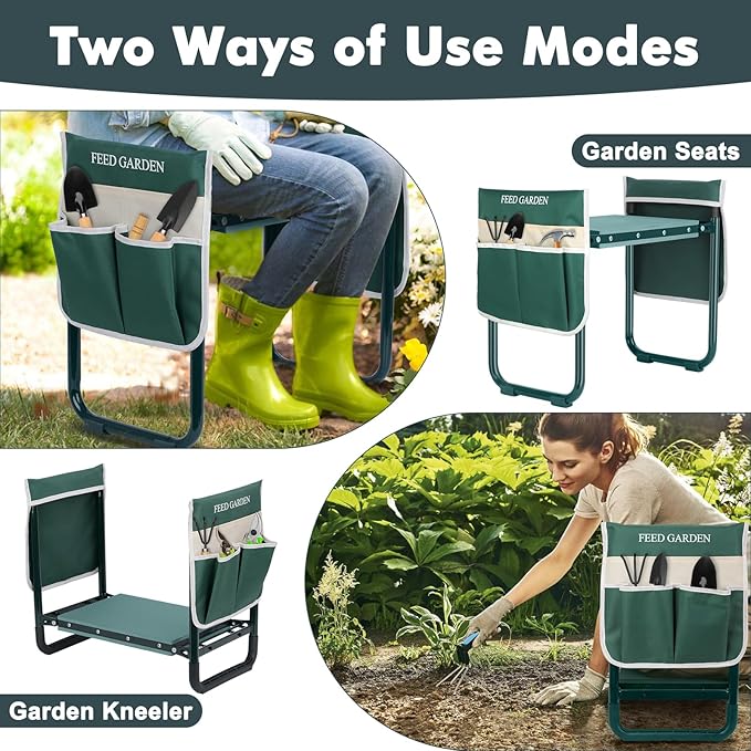 FEED GARDEN Garden Kneeler and Seat Upgraded Foldable Gardening Stool with 10.23 Wide Kneeling Pad Heavy Duty Gardening Bench Chair with 2 Tool Pouches Gardening Gifts for Seniors Mom Women Men