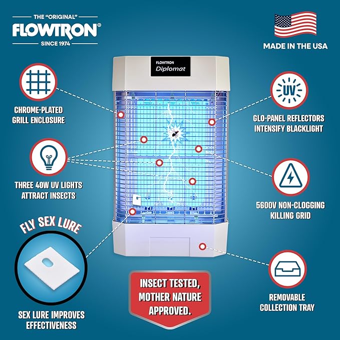 Flowtron Indoor Bug Zapper | Electric Fly &amp Insect Killer with 120W UV Light Pheromone Lure Attractant Shock Kill Grid &amp Reflector Panels | 2000 Sq Ft for Kitchen Restaurant &amp Barn UL