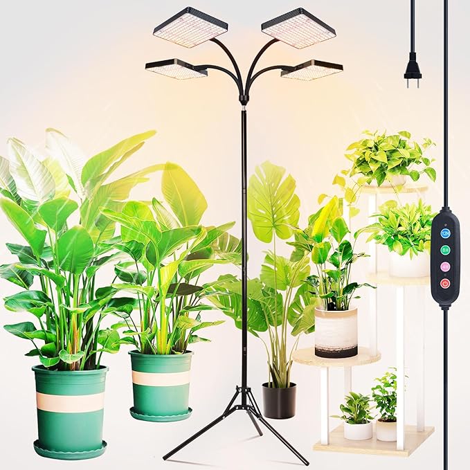 2026 4Head Grow Light with Upgrade Stand Big Coverage Grow Lights for Indoor Large Plant Bonsai Tree 4/8/12/16/20H Timer 100 Watt Power Draw NO Need Adapter 24-76 Height Adjustable