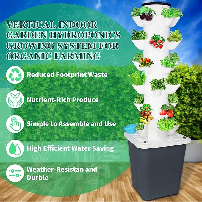 Hydroponics Growing System 30 Pods Hydroponics Tower Indoor Vertical Garden Planter Plant Germination Kit Aeroponics Growing Kit with Hydrating Pump Adapter Net Pots