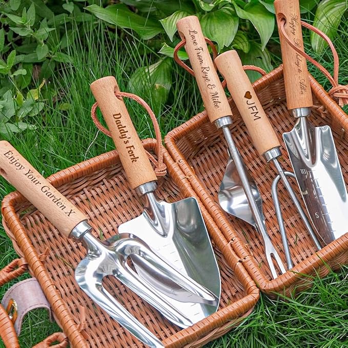 Personalised Garden Hand Tools Set Engraved Trowel Fork Rake Weeder Transplanter Mom Daddy Custom Gift Garden Lovers Gift Retirement Volunteer Gifts (Set of 5)