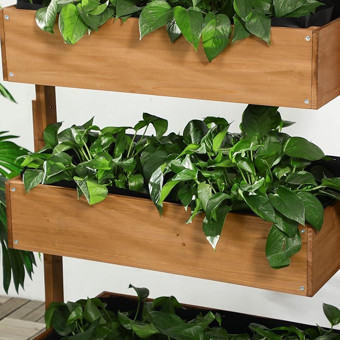 Vertical Garden Planter Wooden 4 Tier Planter Box Self Draining with Non Woven Fabric for Outdoor Flowers Vegetables and Herbs Orange