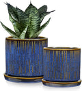 Ceramic Plant Pots with Drainage Holes Set of 2 4.3+5.1 Inch Stripe Garden Planter Pots for Outdoor Indoor Plants Flower Round Succulent Orchid Flower Pot Blue