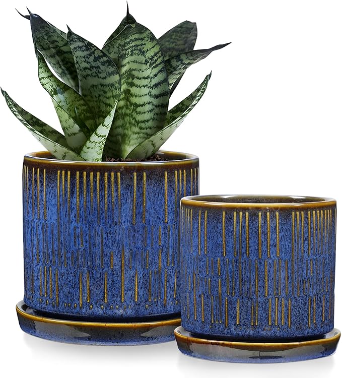 Ceramic Plant Pots with Drainage Holes Set of 2 4.3+5.1 Inch Stripe Garden Planter Pots for Outdoor Indoor Plants Flower Round Succulent Orchid Flower Pot Blue