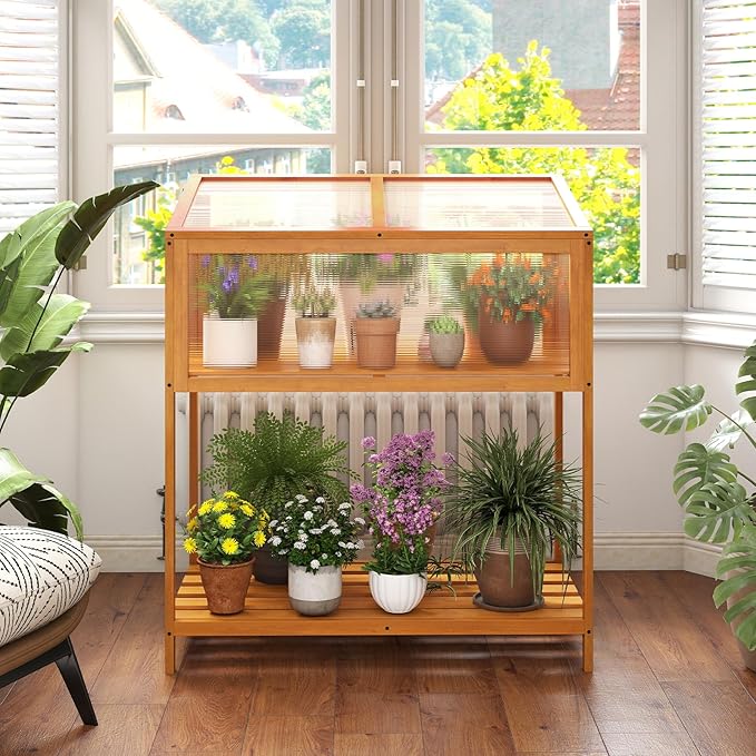 Wood Cold Frame Greenhouse Portable Raised Planter Bed Protection with Transparent Flip-top Roof Small Hot House for Balcony Garden Sunroom Indoor Outdoor (36”x20”x42”)