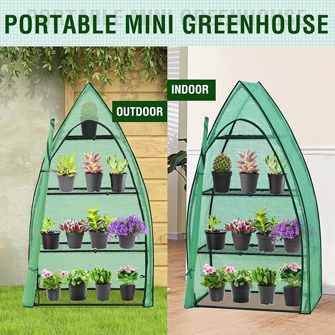 EAGLE PEAK 4-Tier Mini Greenhouse Portable Green House with Shelves &amp Weather-Resistant PE Cover Small Greenhouse for Seedlings &amp Gardening Gifts 35x18x63 in Clear/Green
