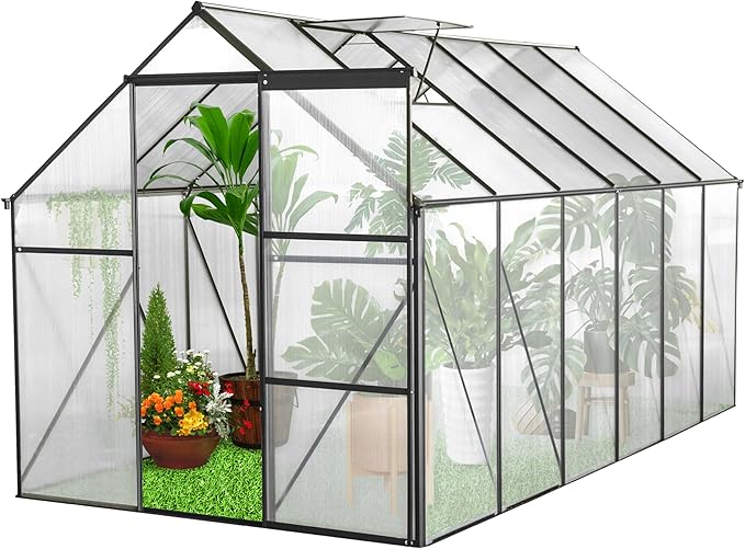 KEIKI 6x12 FT Polycarbonate Greenhouse with Aluminum FrameRaised Base and Roof VentWalk-in Greenhouses for Patio Garden