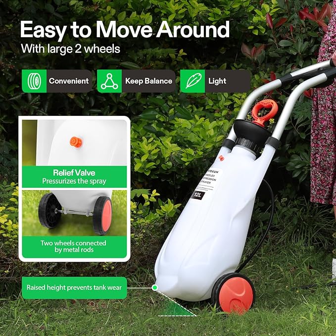 VIVOSUN 3.2 Gallon Lawn and Garden Wheeled Pump Compression Sprayer with Pressure Relief Valve Labor-Saving Wheel Design