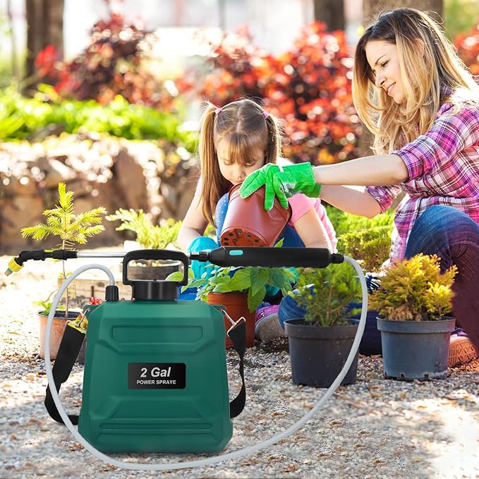Battery Powered Sprayer 2 Gallon Powerful Electric Garden Sprayer with 3 Mist Nozzles USB Rechargeable Handle Retractable Wand and Adjustable Shoulder Strap for Irrigation Weeding(Green)