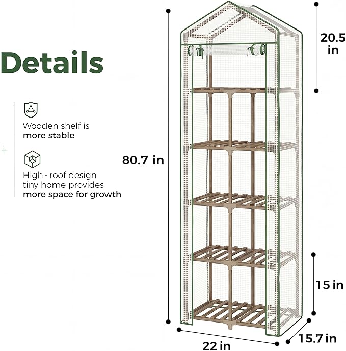 Bamworld 5-Tierd Outdoor Greenhouse 22 L×16 W×81 H Portable Green House with PE Cover Garden and Backyards Plant Shelves with Sturdy Eucalyptus Frame Roof Plant Stand Flower Pot Stand Display Rack
