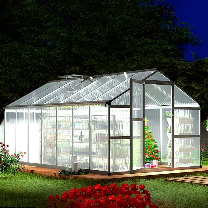 8x14 FT Greenhouse for Outdoors Polycarbonate Greenhouse with Quick Setup Structure and Roof Vent Aluminum Large Walk-in Green House for Outside Garden Backyard Dark Gray