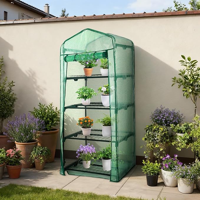 Aoodor 27x19x63 Inch 4 Tier Upgrade Greenhouse with Protective PE/PVC Base for Tidier and Cleaner Indoor Outdoor Gardening on The Deck Patio or Backyard Green